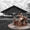 Digital collage of The Neil Peart Tribute Sculpture at Lakeside Park Pavilion - photo via Morgan MacDonald Instagram